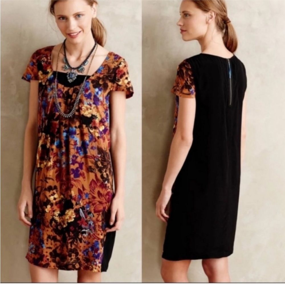 Maeve Anthropologie Brown Floral Pintura Silk Shift Dress Size M